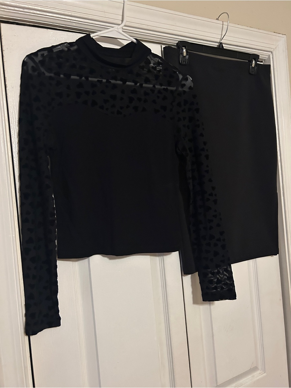 Black Velvet Heart Sheer Sleeve Top & Black Fitted Knit Midi Skirt - Women